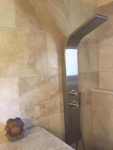 une douche avec une porte vitrée dans une salle de bain dans l'établissement Mas de Nonin St Rémy de Provence, à Noves