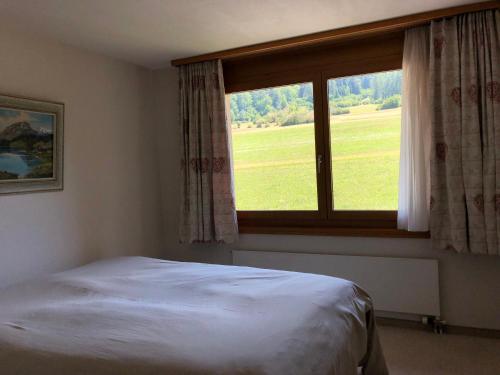 a bedroom with a bed and a large window at Abitaziun Silvia Sur Baselgia in Cunter