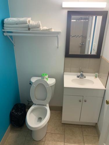 a bathroom with a toilet and a sink and a mirror at Mayo Inn in Roswell