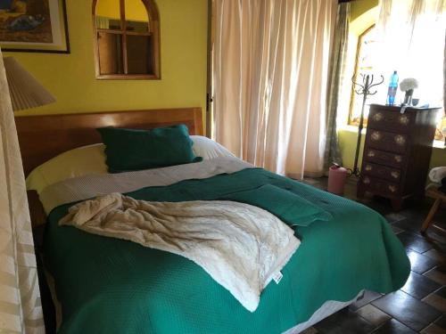1 dormitorio con 1 cama con manta verde en Acogedor, en Quillota
