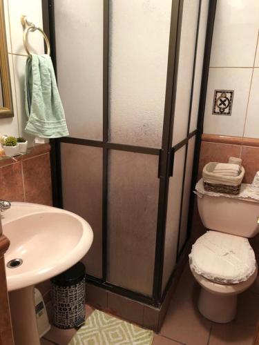 a bathroom with a shower with a toilet and a sink at Acogedor in Quillota