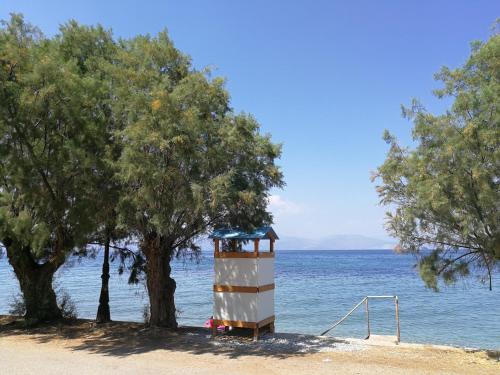 a lighthouse on the beach next to trees and the water at Angel's Place by the Sea in Diakopto