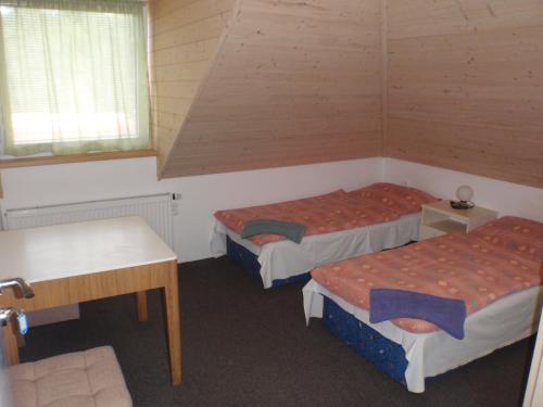 a small room with two beds and a table at Ubytování Benátky u Litomyšle in Litomyšl