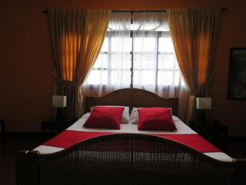 a bed with two red pillows in front of a window at Hotel La Herreria Colonial in Popayan