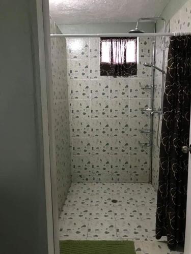 W łazience znajduje się prysznic z zasłoną prysznicową. w obiekcie Lotopa Tiny House w mieście Lepea