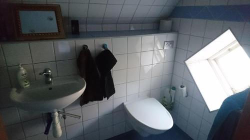 a bathroom with a sink and a toilet and a window at Bo i Remmarlöv in Eslöv