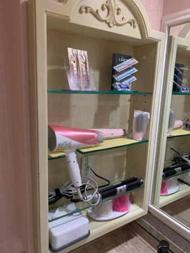 einen Haartrockner und einen Haartrockner in einem Schrank in der Unterkunft Osyare Kizoku Ichinomiya (Adult Only) in Ichinomiya