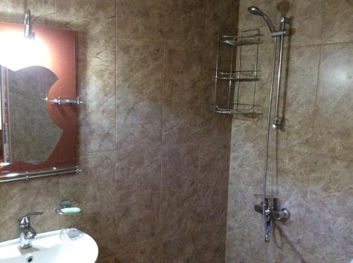 a bathroom with a shower with a sink and a mirror at Taripiri in Ambrolauri
