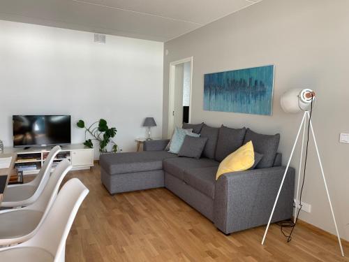 a living room with a gray couch and a tv at The Harbour Apartments in Jyväskylä