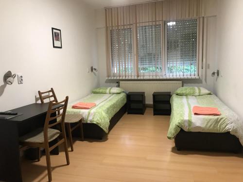 a room with two beds and a table and a desk at Pension Haus Baron 4 Mühlheim in Mühlheim