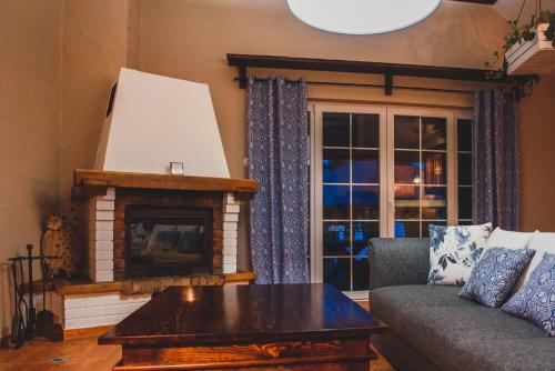 a living room with a couch and a fireplace at Leśna Oaza in Borek