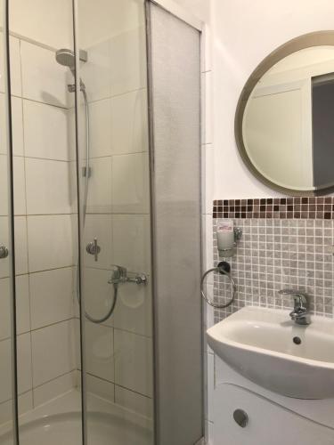 a bathroom with a shower and a sink and a mirror at Pension Haus Baron 1 Neckarau in Mannheim