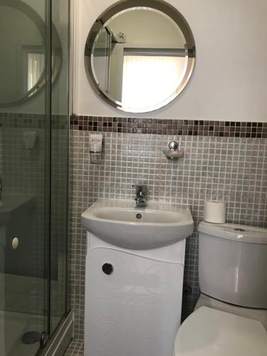 a bathroom with a toilet and a sink and a mirror at Pension Haus Baron 1 Neckarau in Mannheim