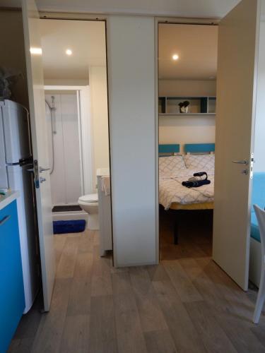 Zimmer mit einem Bett und einem Bad mit einem Spiegel in der Unterkunft Tiny house Dora in Marčana