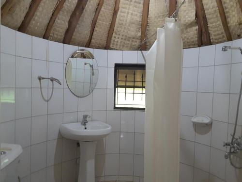 W łazience znajduje się umywalka i lustro. w obiekcie Brownstone Country Home w mieście Lira