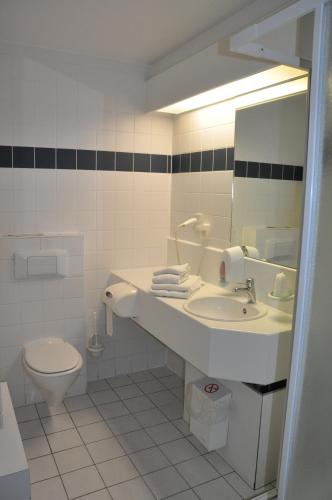 La salle de bains blanche est pourvue d'un lavabo et de toilettes. dans l'établissement Liberty, à Blankenberge