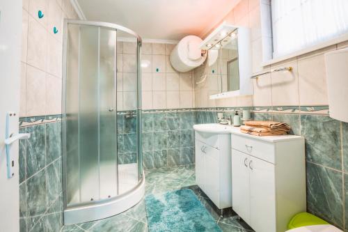 ein Bad mit einer Dusche und einem Waschbecken in der Unterkunft Gita Apartman in Makó