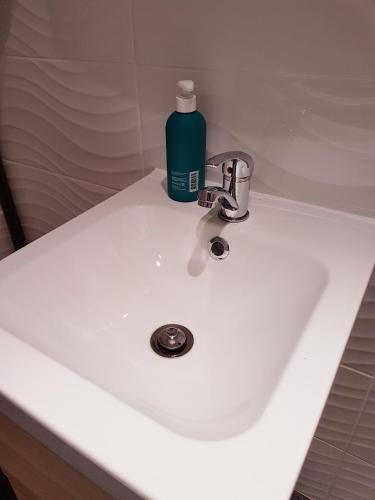 a bathroom sink with a bottle of soap on it at SW Cosy Apart - Chambly Persan Roissy in Persan