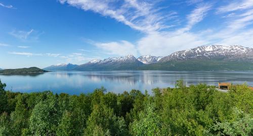 a view of a lake with snow covered mountains at Aurora View Cabin in Lyngseidet