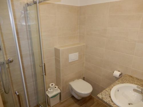 a bathroom with a shower and a toilet and a sink at Rómahegy Rendezvényház in Kaposvár