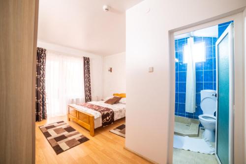una camera con letto e un bagno con servizi igienici di Pensiunea Versant a Băile Herculane