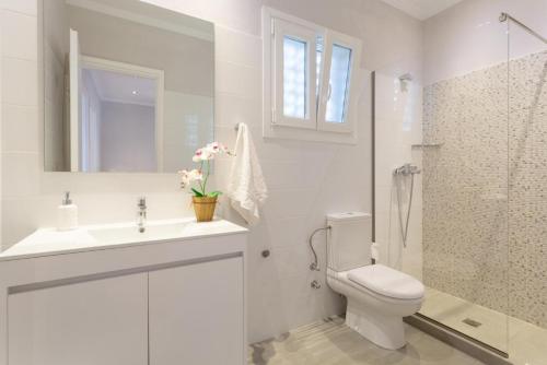 een badkamer met een toilet, een wastafel en een douche bij Villa Katerina in Katávolos