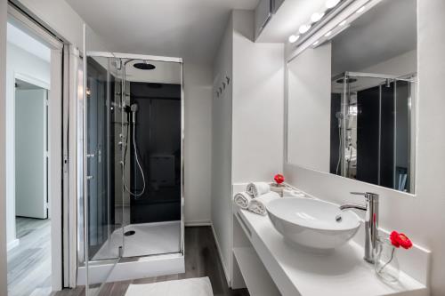 een badkamer met een wastafel en een douche bij Face à la mer - Première conciergerie in Palavas-les-Flots