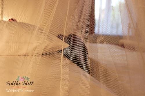 a cat is sitting behind a transparent curtain at Boutique Vendégház Vidéki Idill Noszvaj in Noszvaj