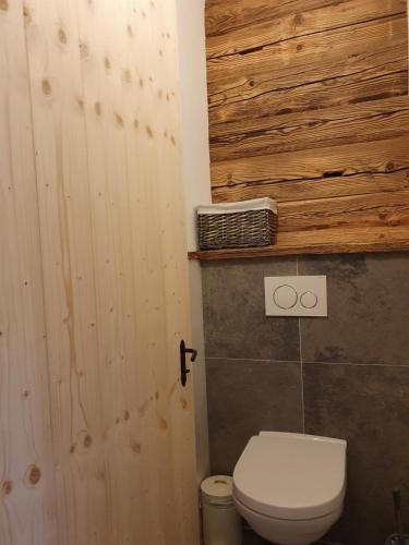 a bathroom with a toilet and a wooden wall at Oberseebachhof in Scheffau am Wilden Kaiser