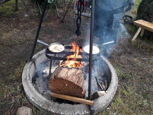 uma grelha com um tronco e uma fogueira numa panela em The Old Logging Camp em Yttermalung