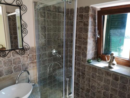 a bathroom with a shower with a sink and a mirror at Agriturismo LaValleggia in Tovo San Giacomo