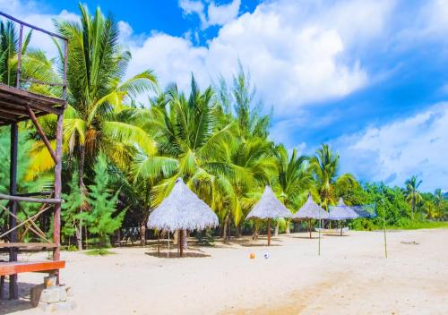 una playa con palmeras y sombrillas de paja en Reva Castel en Nosy Be