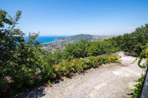 a garden with flowers and the ocean in the background at Madonna della Scala in Castellabate