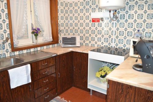 eine Küche mit einer Spüle und einer Arbeitsplatte in der Unterkunft Apartamento Foz do Rio Minho in Caminha