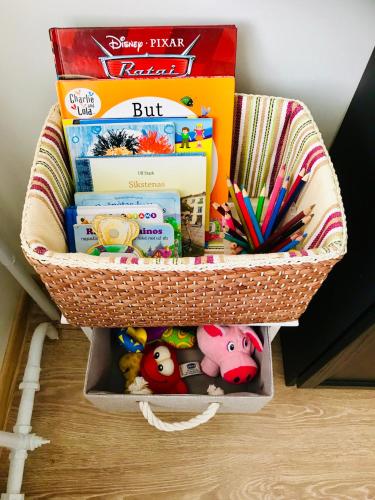 a basket full of toys and books on a floor at Cozy apartment with lake view in Trakai