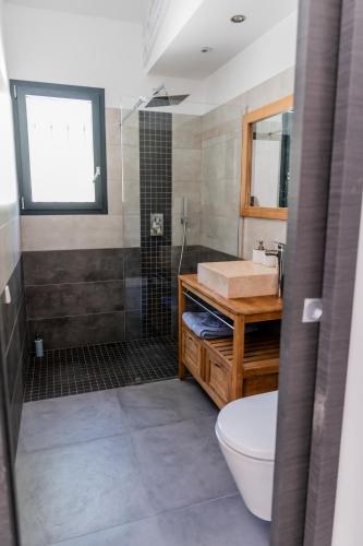 une salle de bain avec une douche, des toilettes et un lavabo dans l'établissement Sous les oliviers - Studios climatisés de standing tout-équipés, à Saint-Maximin-la-Sainte-Baume