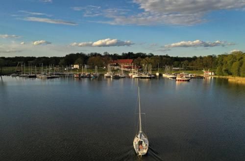 a boat sitting in the water in a harbor at Pensjonat Sztynort in Sztynort