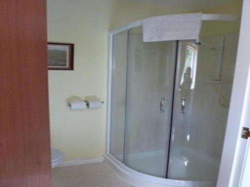 a bathroom with a glass shower with a toilet at Tayburn House in Dunkeld