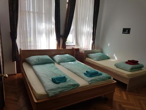 two twin beds in a room with a window at Apartments Fazarinc with parking, wellness and city store in the center of Celje in Celje