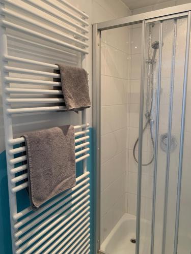 ein Badezimmer mit einer Dusche und Handtüchern auf einem Kleiderständer in der Unterkunft Black Forest Guest Stay in Pfalzgrafenweiler