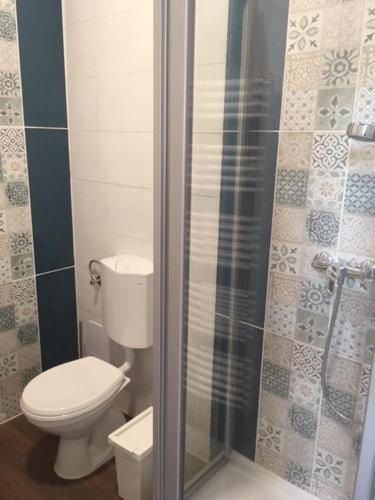 a bathroom with a toilet and a shower at Kerámia - Vendégszobák in Szekszárd
