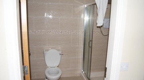 a bathroom with a toilet and a glass shower at No 9 Seanachaí Holiday Homes Holiday home in Dungarvan