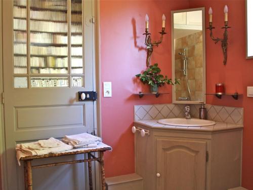 ein Bad mit einem Waschbecken und einem Spiegel in der Unterkunft B&B du Pré-Boulay in Fleury-la-Forêt
