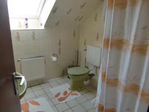 a bathroom with a toilet and a shower curtain at Krohn Traute in Pelzerhaken