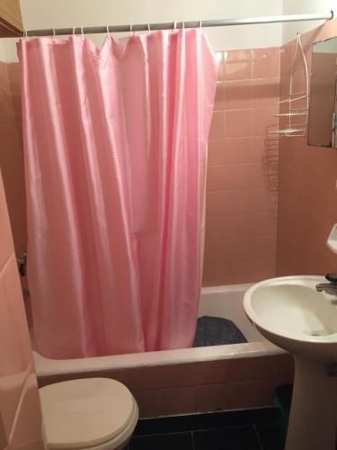 a bathroom with a pink shower curtain and a sink at Departamento Bellavista Frente al Mar in Miramar