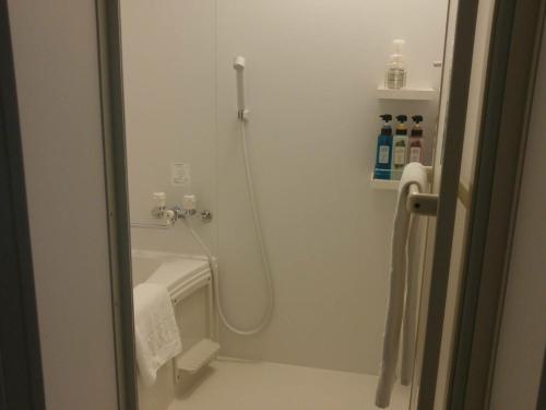 La petite salle de bains est pourvue d'une douche et d'un lavabo. dans l'établissement Guesthouse & Hotel RA Kagoshima, à Kagoshima