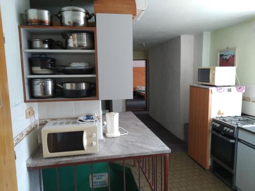 una pequeña cocina con microondas en una encimera en Apartmany Pohoraly en Rokytnice nad Jizerou