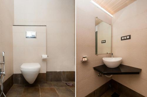 2 immagini di un bagno con servizi igienici e lavandino di Hotel Arma Residency a Mumbai