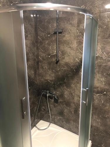 a shower with a glass door with a cross in it at Country house Plitvice in Plitvica Selo