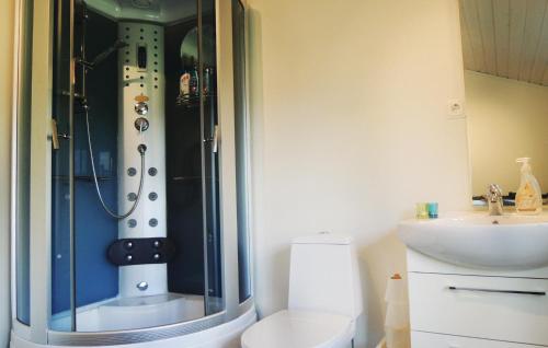 a bathroom with a shower with a toilet and a sink at Awesome Home In Lammhult With Kitchen in Asaryd